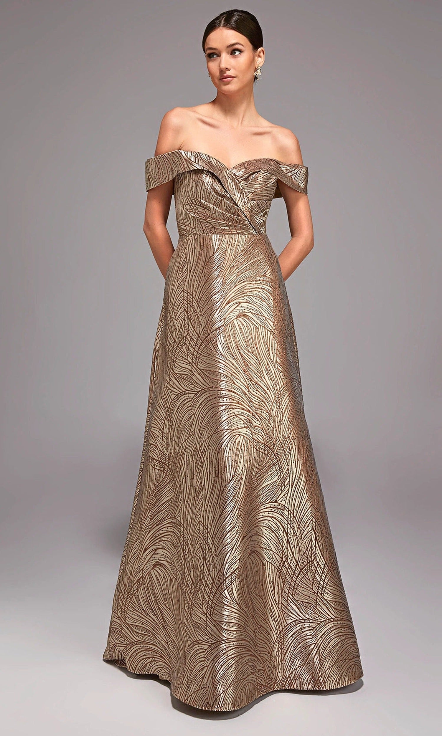 Alyce Paris 27844 - Off-Shoulder Metallic Jacquard Evening Gown