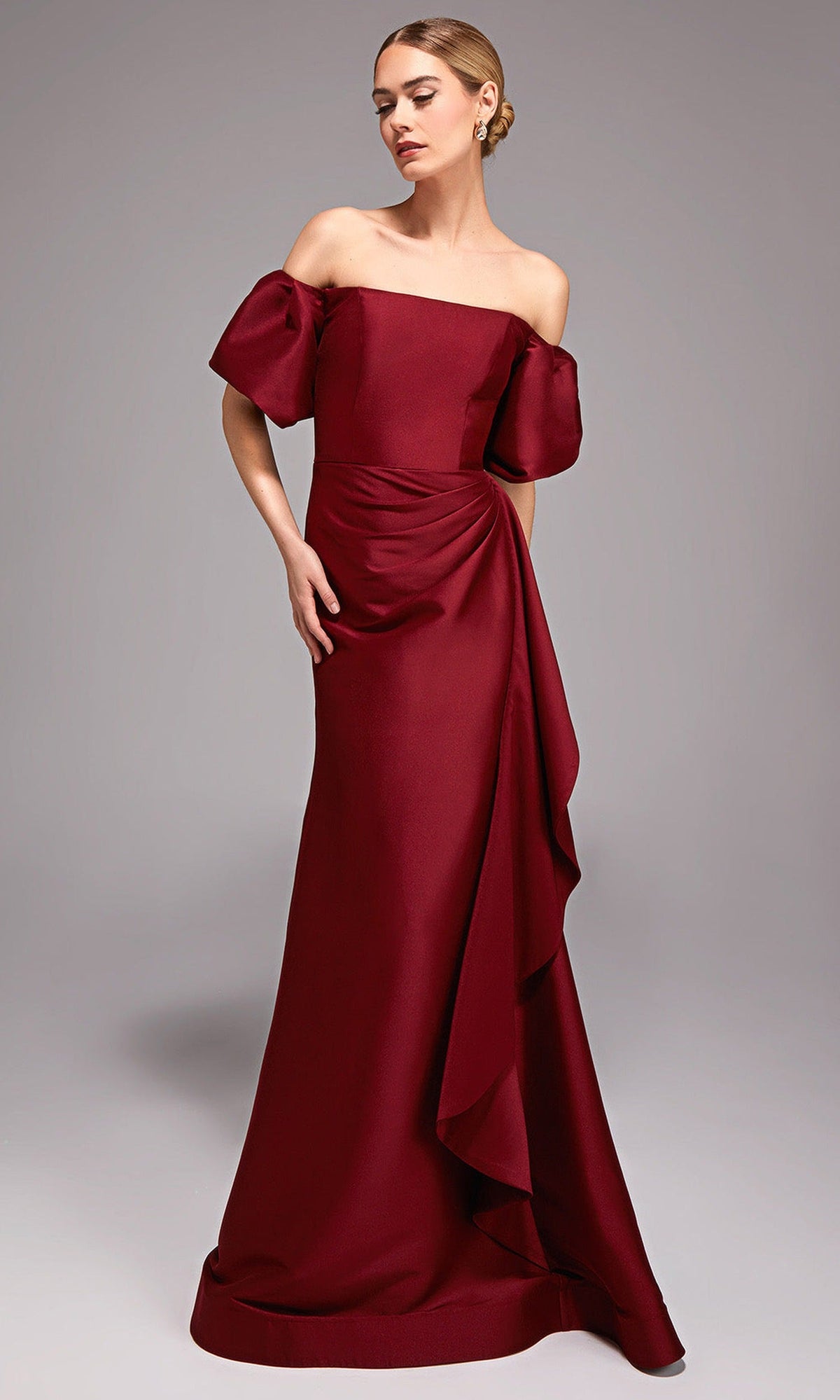 Alyce Paris 27863 - Short Puff Sleeve Draped Mikado Gown