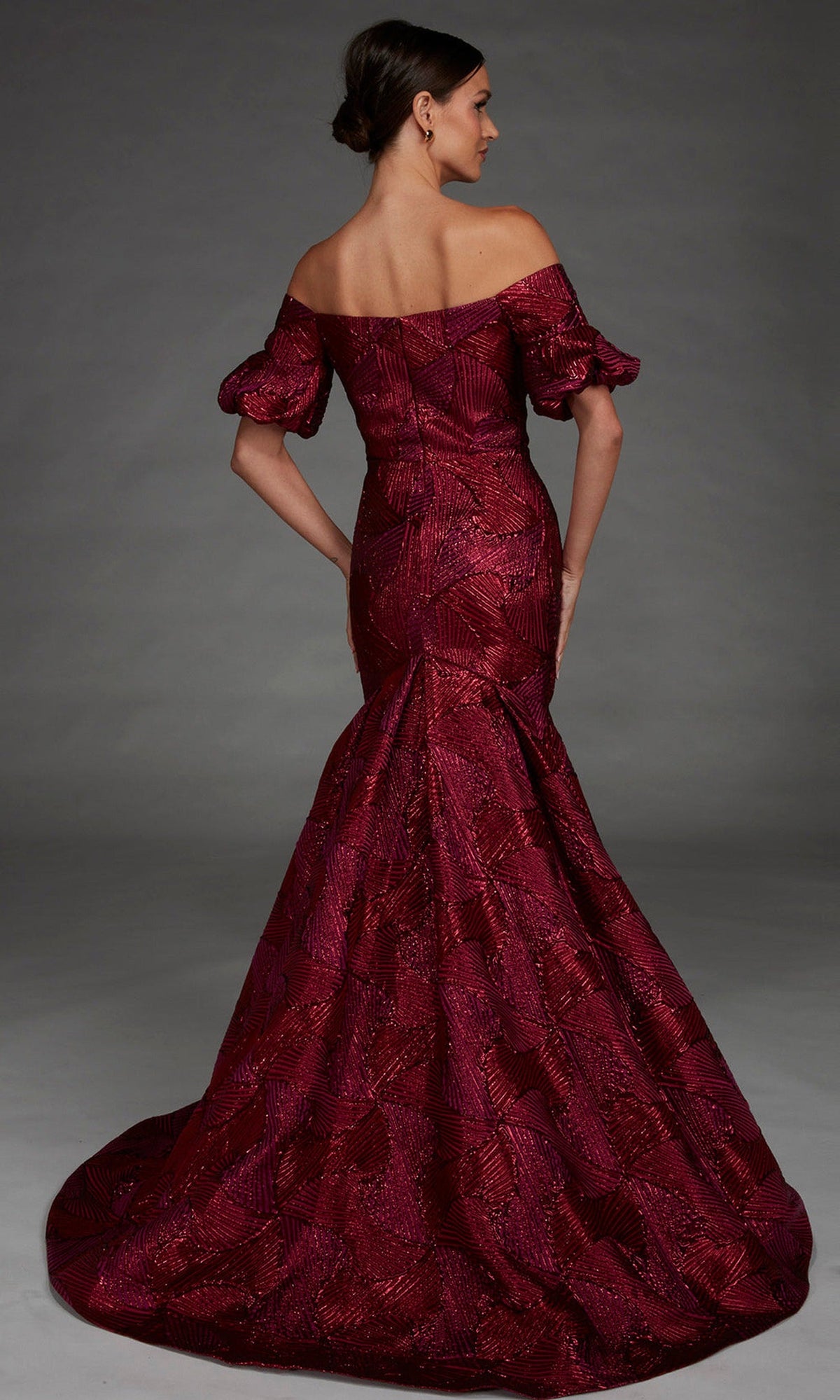 Alyce Paris 27889 - Geometric Texture Puff Sleeve Evening Gown