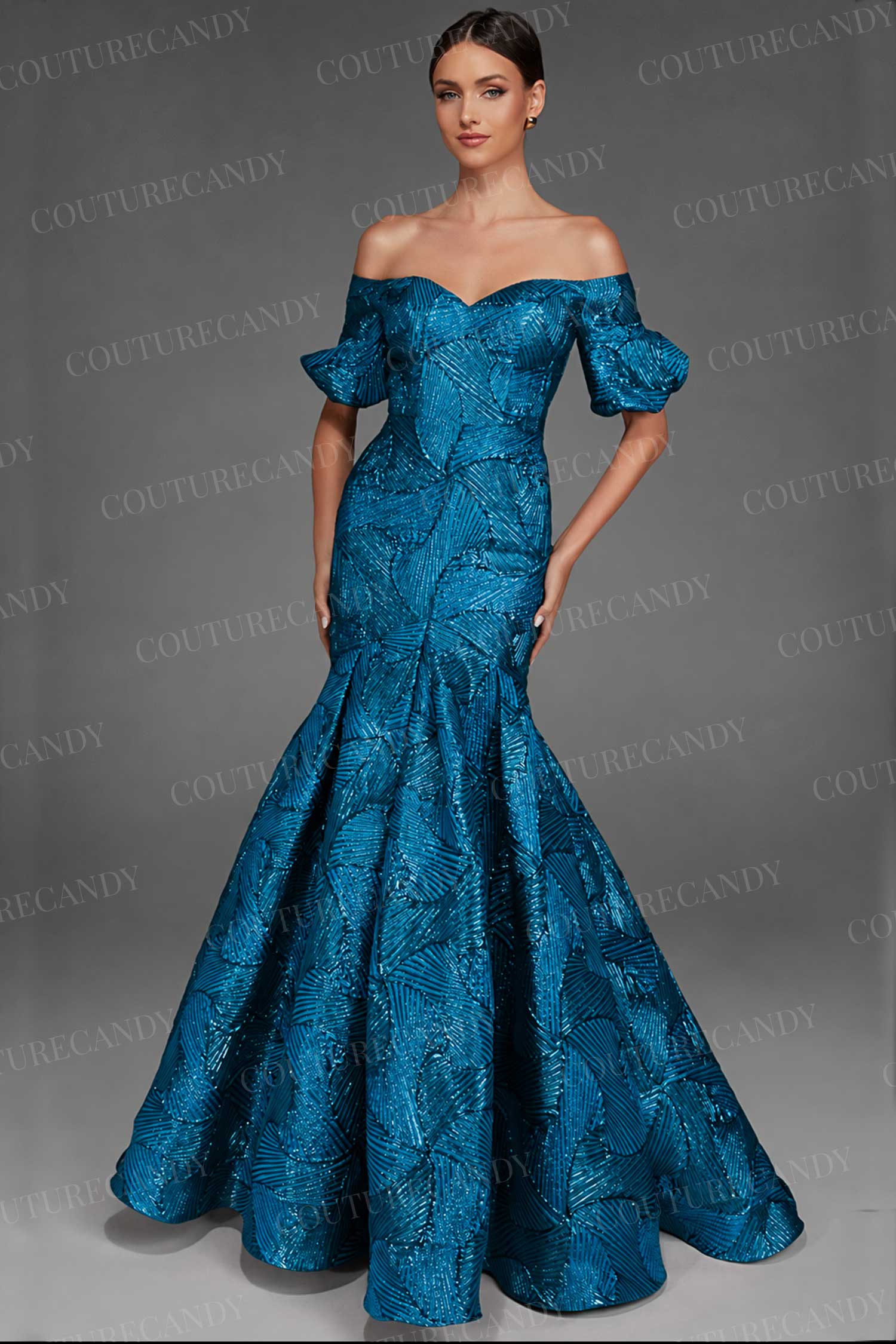 Alyce Paris 27889 - Geometric Texture Puff Sleeve Evening Gown
