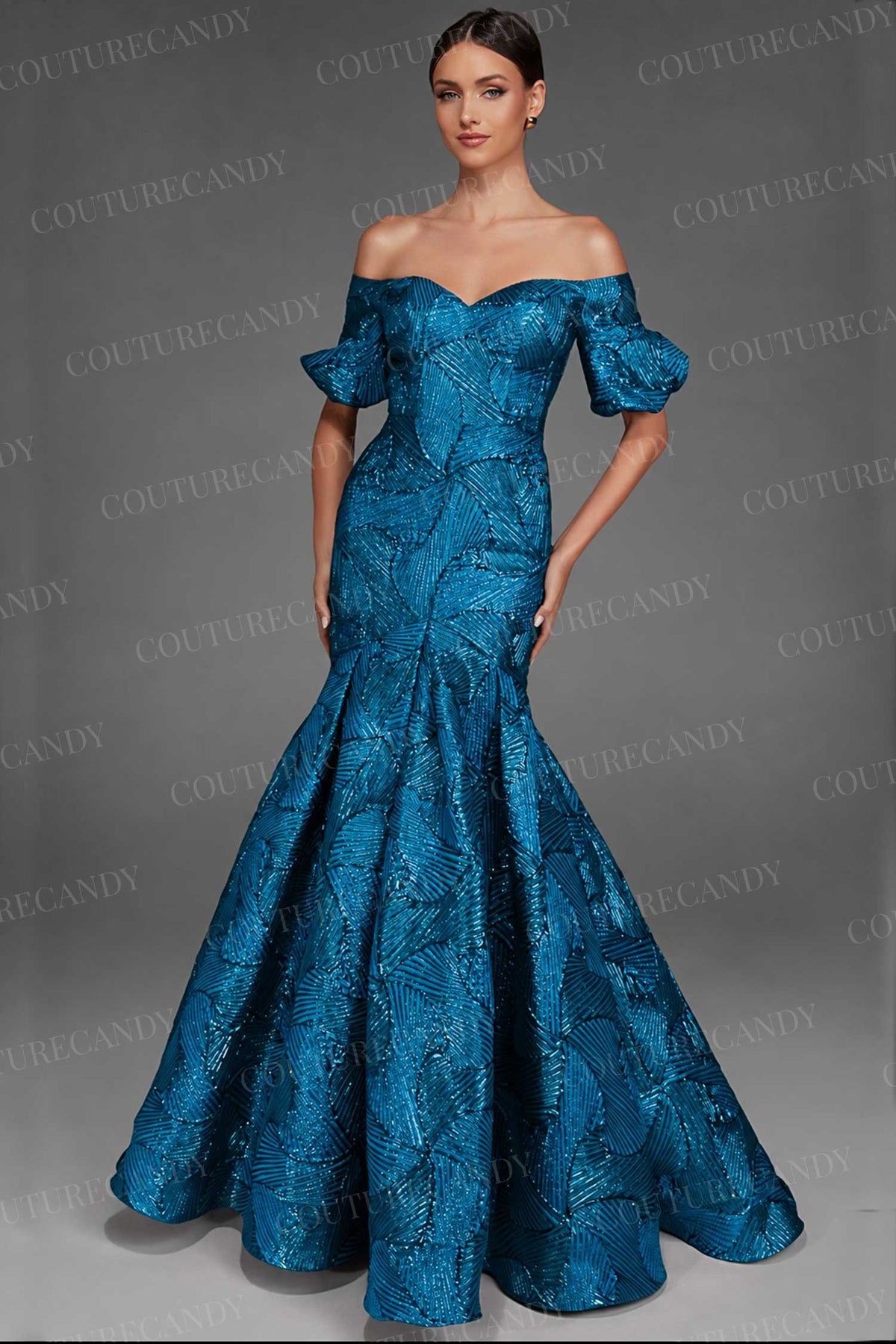 Alyce Paris 27889 - Geometric Texture Puff Sleeve Evening Gown
