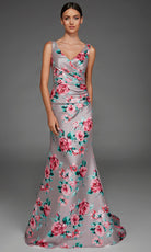 Alyce Paris 27917 - Floral Print Ruched V-Neck Evening Gown