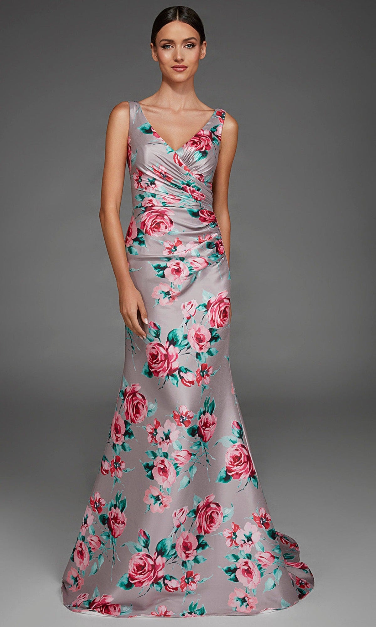 Alyce Paris 27917 - Floral Print Ruched V-Neck Evening Gown