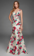 Alyce Paris 27917 - Floral Print Ruched V-Neck Evening Gown