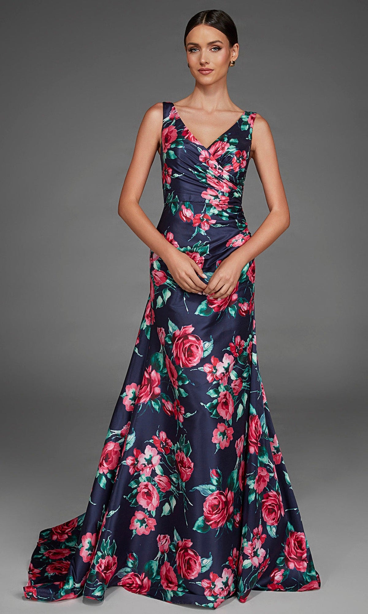 Alyce Paris 27917 - Floral Print Ruched V-Neck Evening Gown