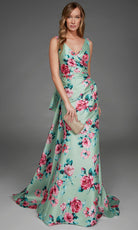 Alyce Paris 27917 - Floral Print Ruched V-Neck Evening Gown