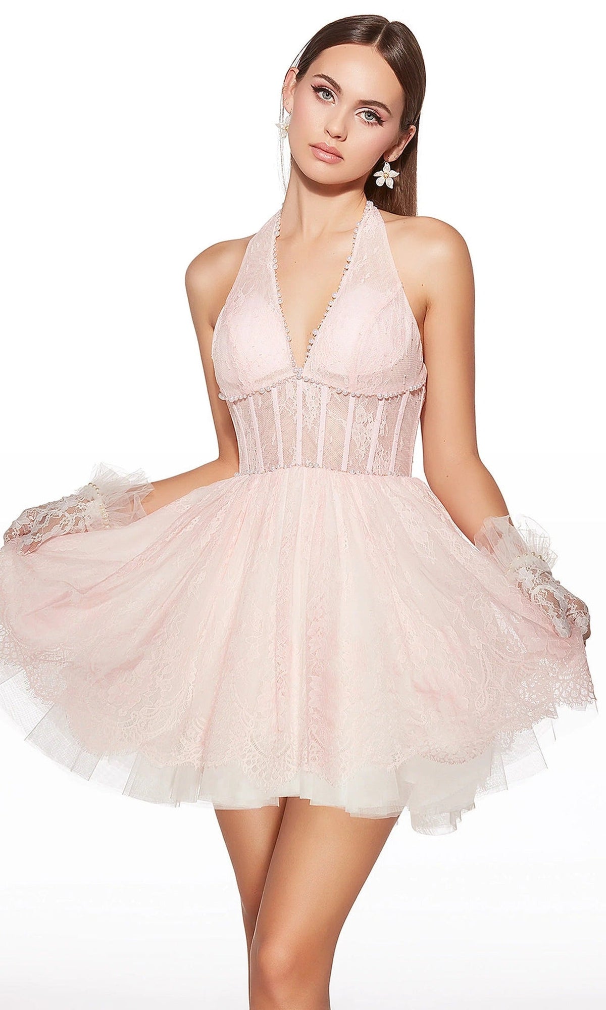 Alyce Paris 30024 - Halter Corset Lace Mini Dress