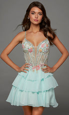 Alyce Paris 30096 - Plunging Neckline Tiered Chiffon Mini Dress