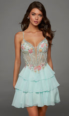 Alyce Paris 30096 - Plunging Neckline Tiered Chiffon Mini Dress