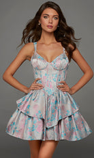 Alyce Paris 30102 - Floral Jacquard Basque Tiered Short Dress
