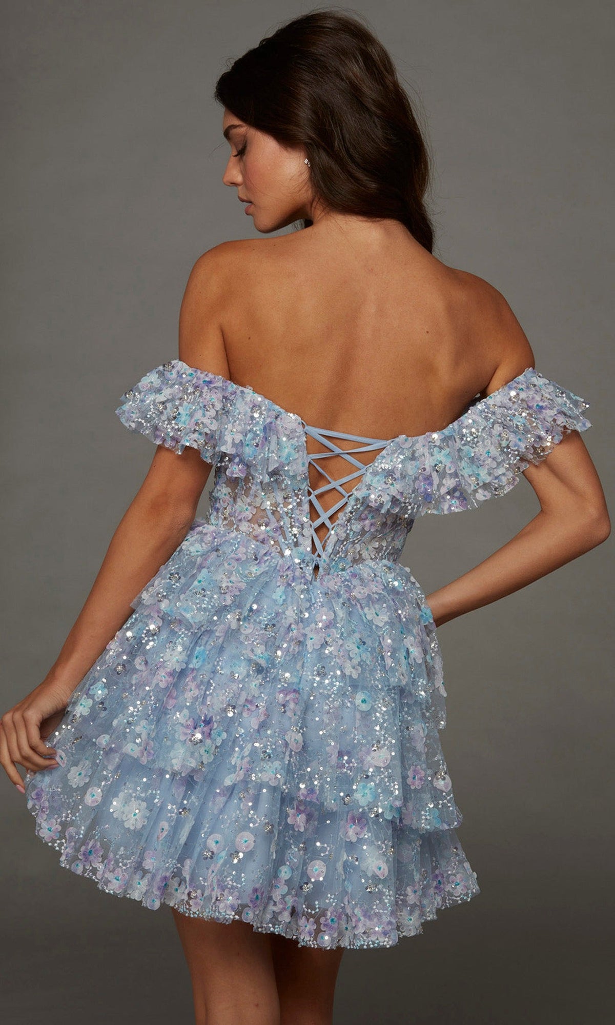 Alyce Paris 30115 - Floral Off Shoulder Mini Dress with Ruffles