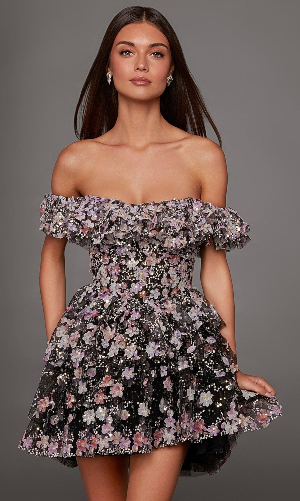 Alyce Paris 30115 - Floral Off Shoulder Mini Dress with Ruffles