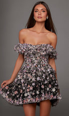 Alyce Paris 30115 - Floral Off Shoulder Mini Dress with Ruffles