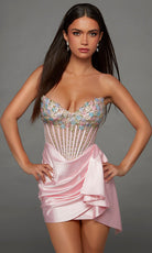 Alyce Paris 40147 - Floral Corset Mini Satin Sheath Dress