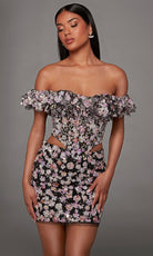 Alyce Paris 40167 - Ruffled Neckline Floral Applique Short Dress