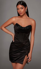 Alyce Paris 40236 - Scoop Neck Satin Mini Dress with Beaded Trim