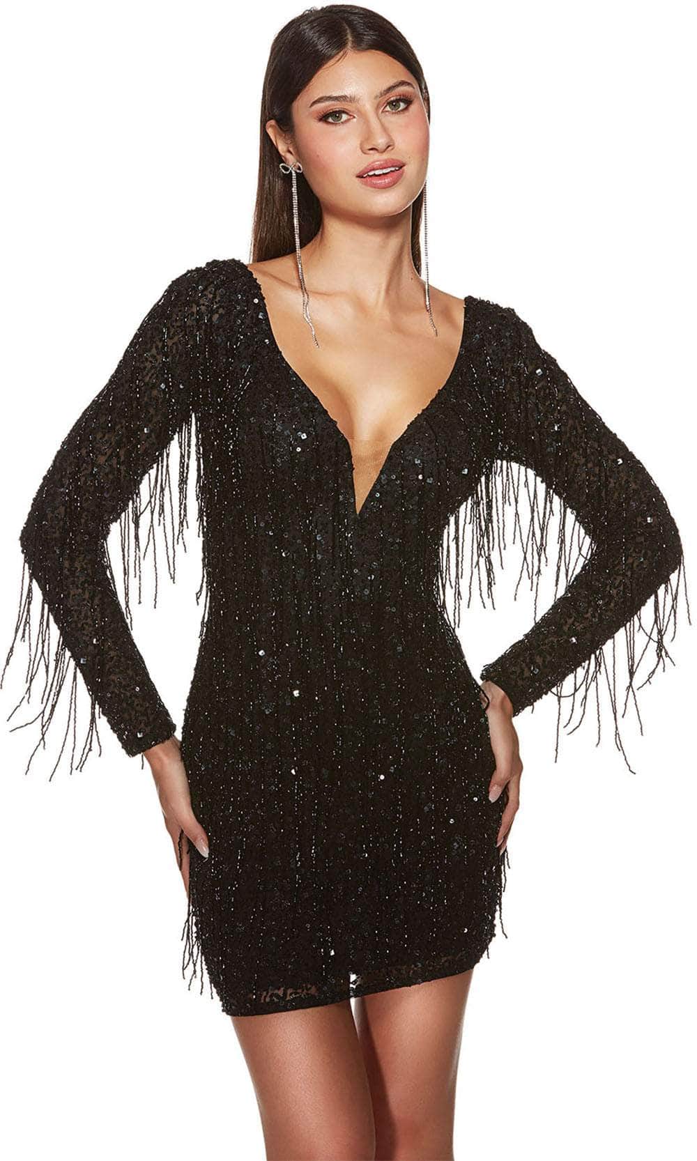 Alyce Paris 4873 - Fringes Plunging V-Neck Cocktail Dress - designer cocktail dress at Silhouette Dresses