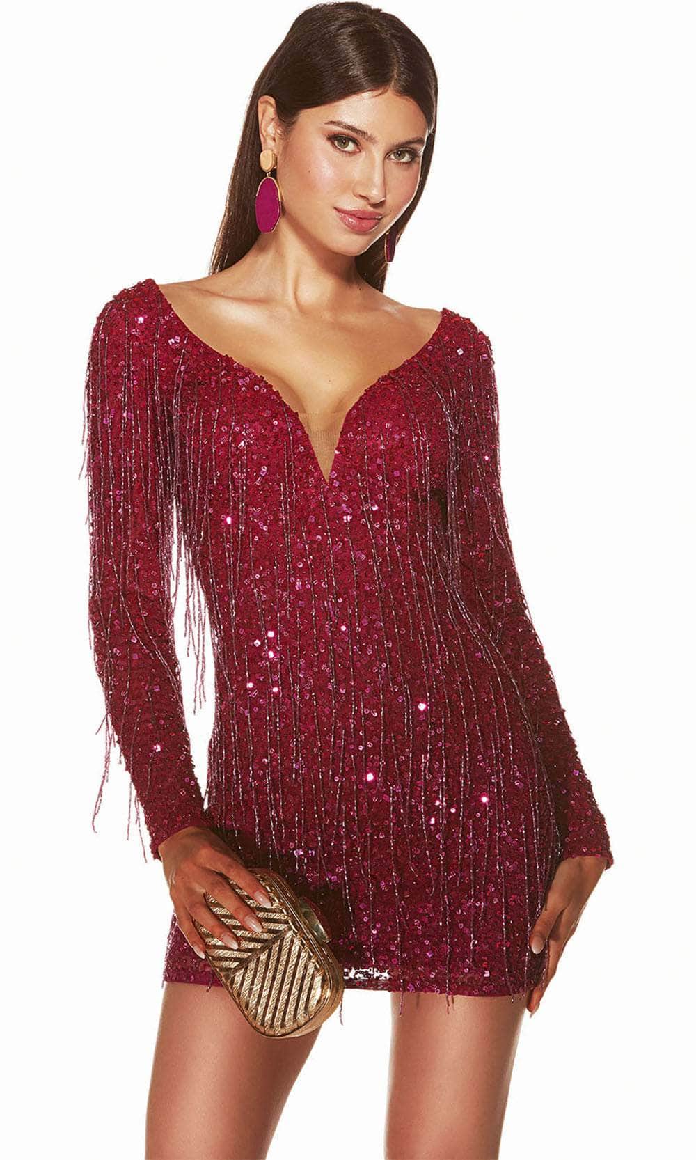 Alyce Paris 4873 - Fringes Plunging V-Neck Cocktail Dress - view 8