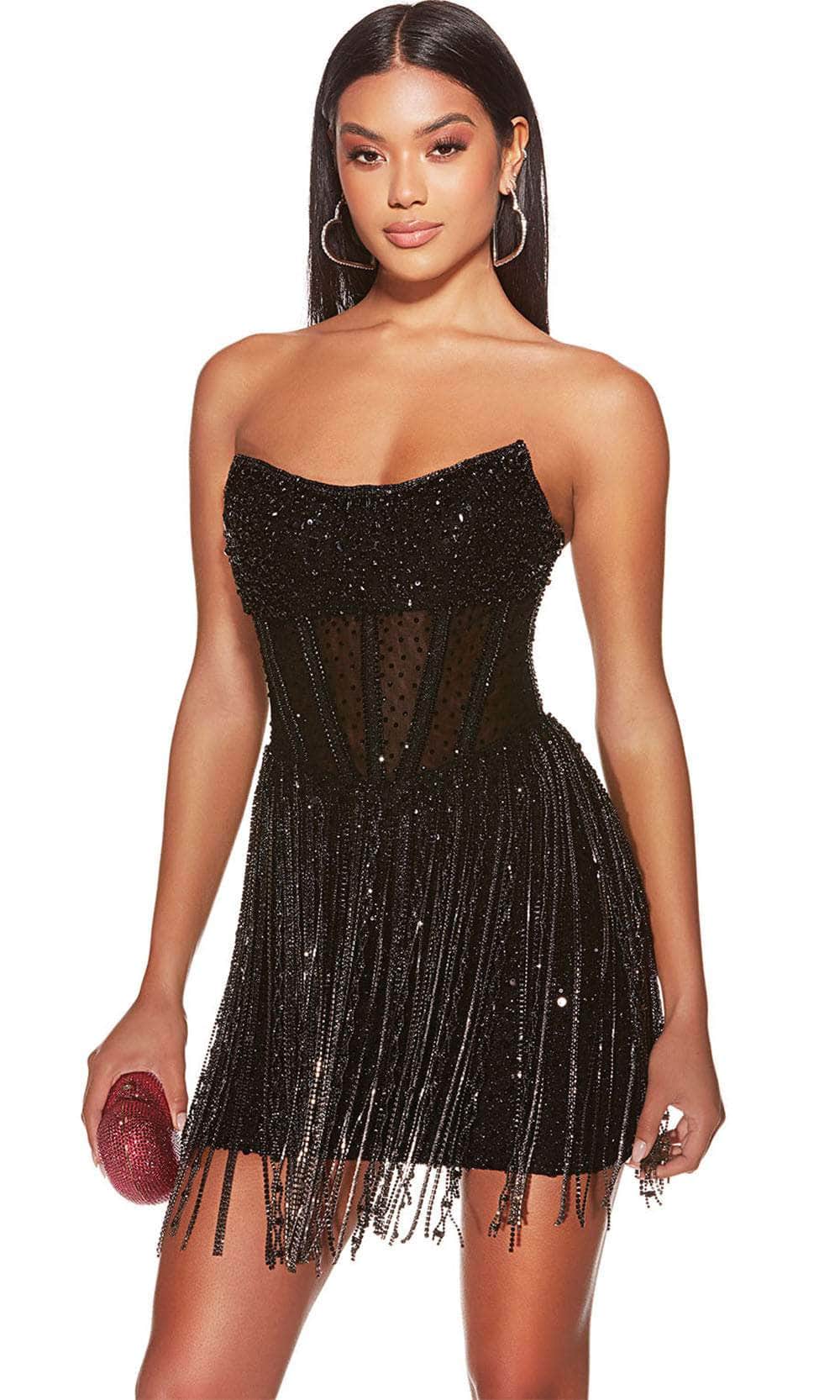 Alyce Paris 4941 - Strapless Fringe Embellished Cocktail Dress - detail view
