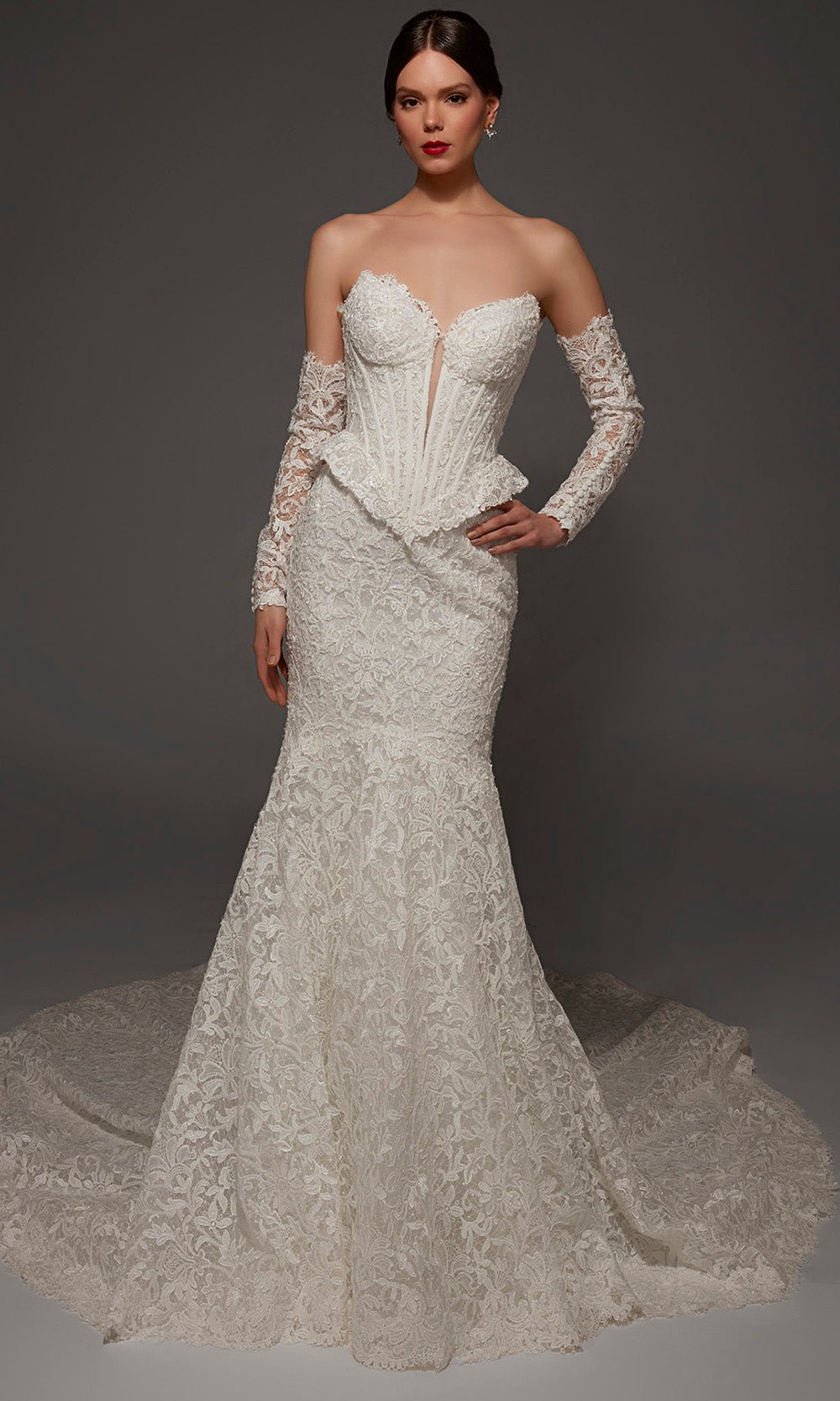 Alyce Paris 50008 - Peplum Detail Lace Mermaid Bridal Gown - Silhouette Dresses
