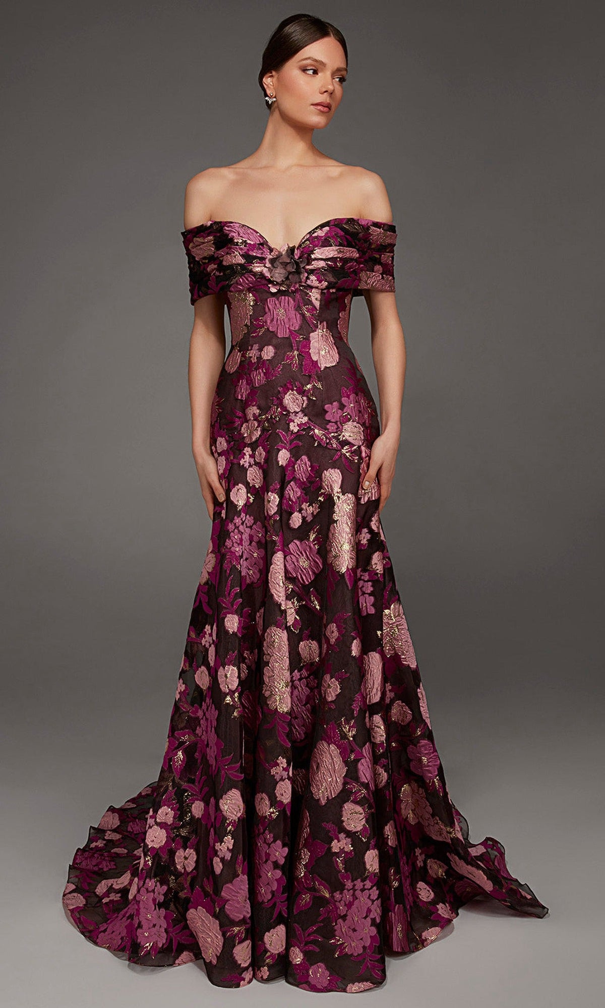 Alyce Paris 55005 - Folded Off Shoulder Floral Pattern Evening Gown
