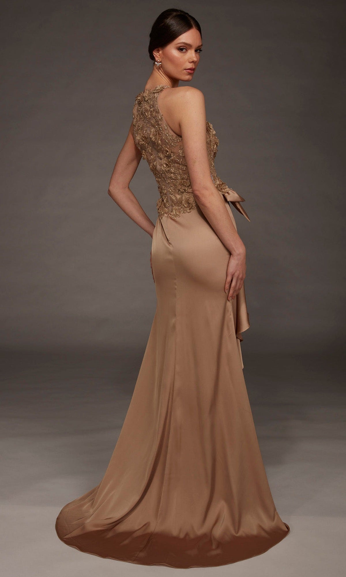 Alyce Paris 55006 - Embroidered High Halter Satin Evening Gown