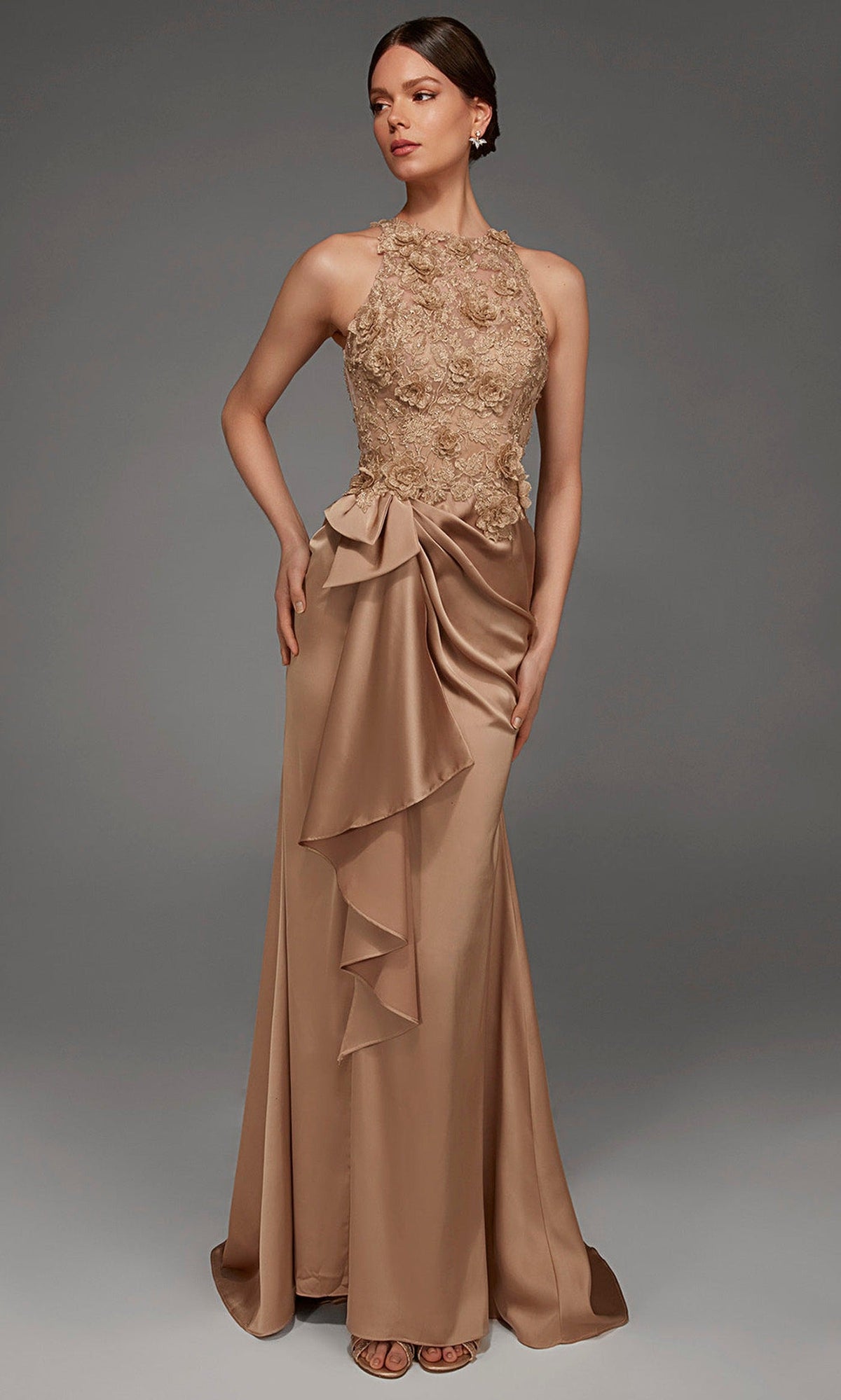 Alyce Paris 55006 - Embroidered High Halter Satin Evening Gown