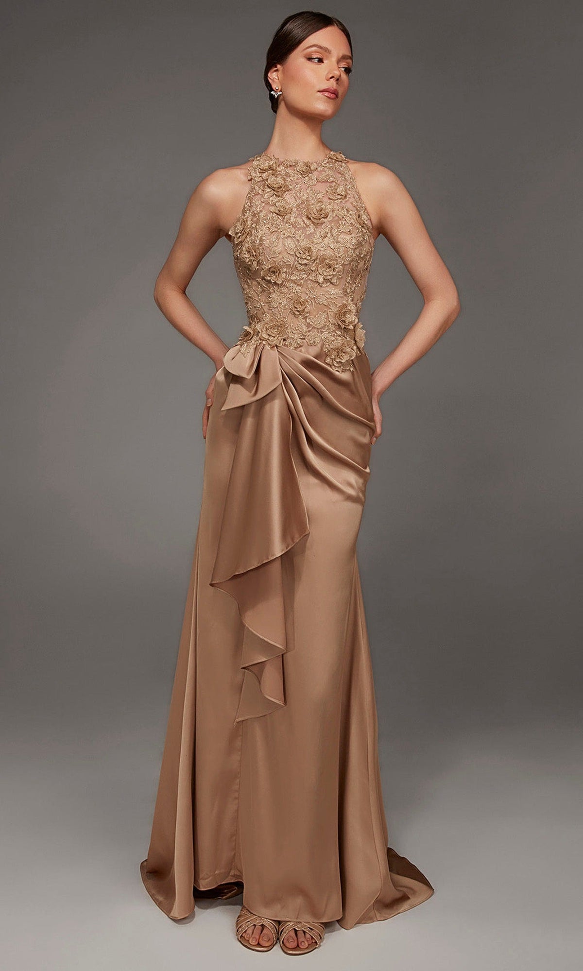 Alyce Paris 55006 - Embroidered High Halter Satin Evening Gown