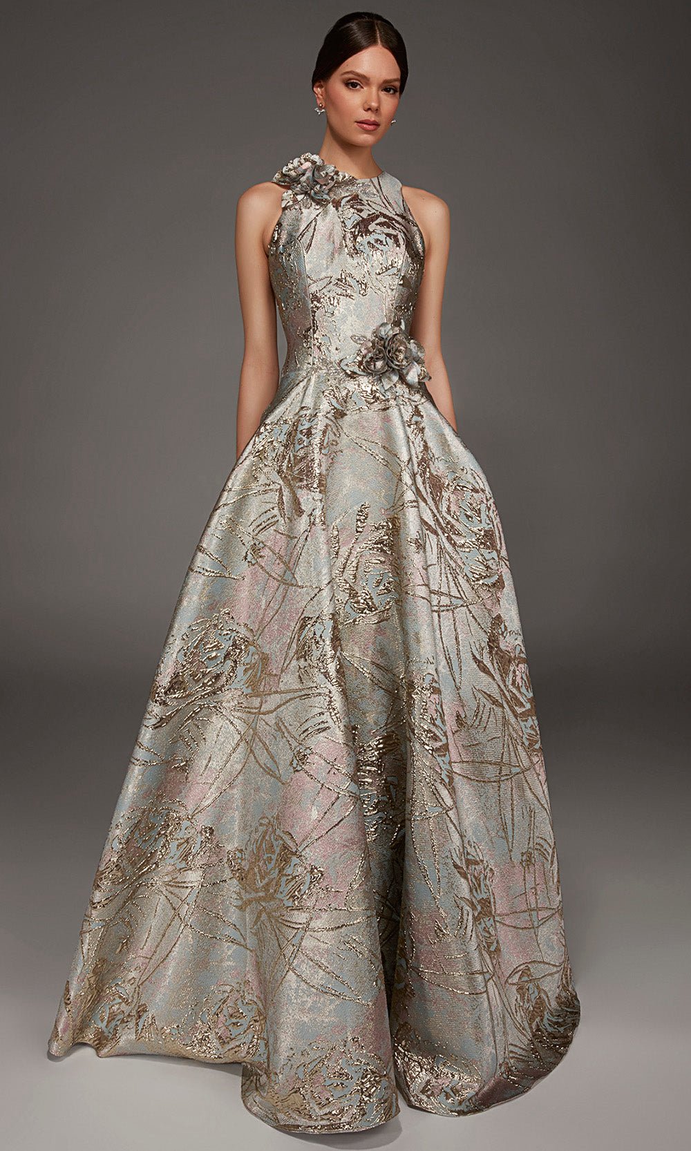 Alyce Paris 55027 - Rosette Accent High Neck A-Line Gown - Silhouette Dresses