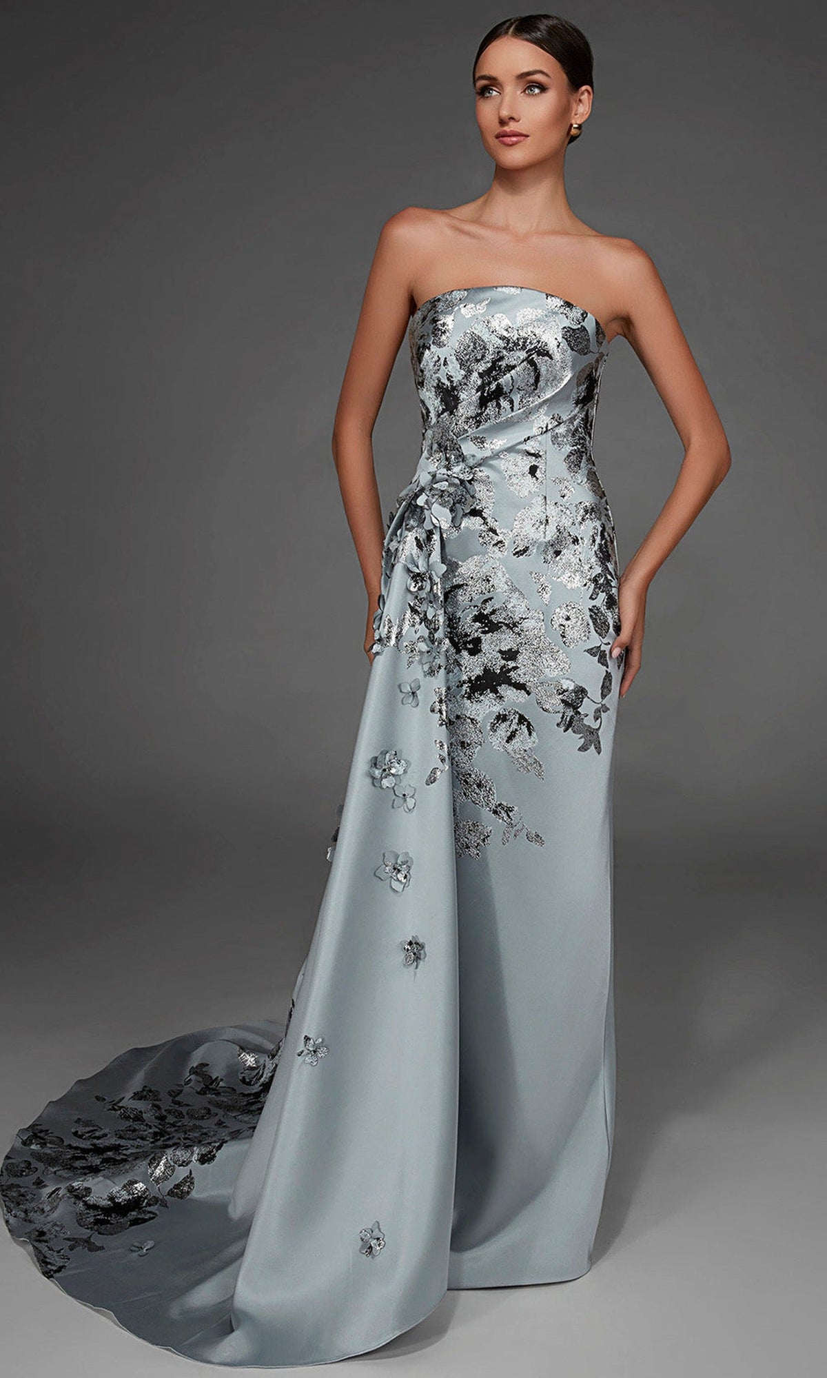 Alyce Paris 55028 - Straight Neckline Floral Accent Jacquard Gown