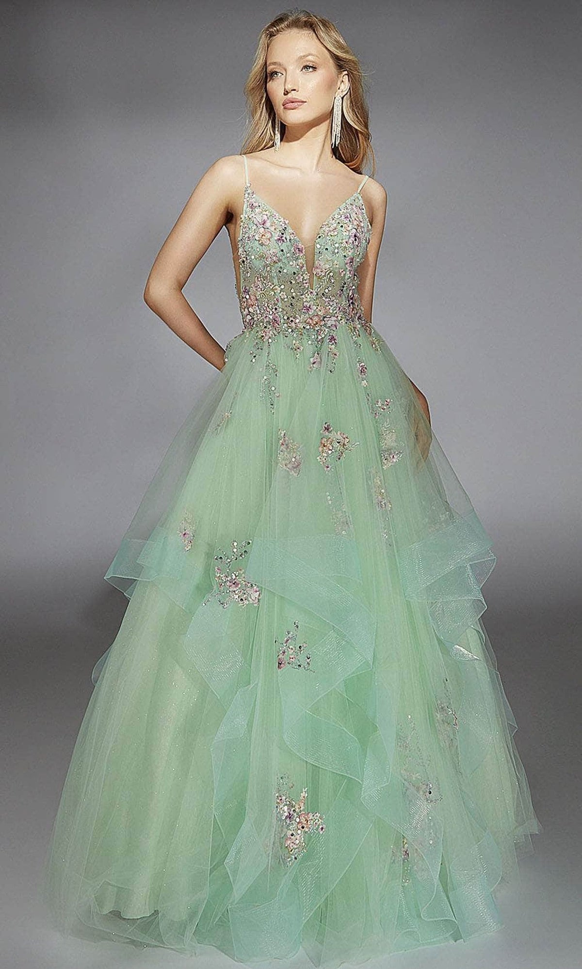 Alyce Paris 61735 - Plunging V-Neck Ballgown with Floral Beading