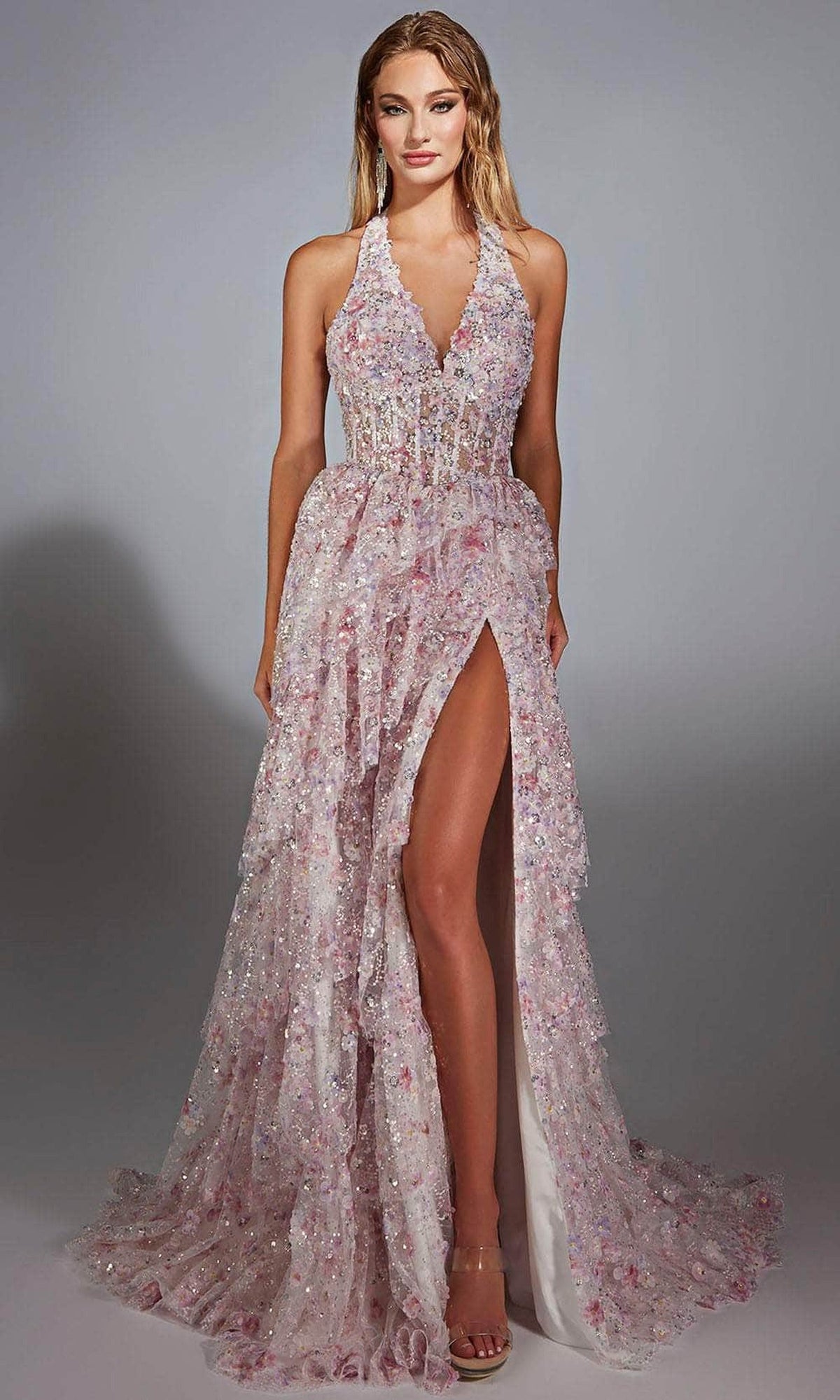 Alyce Paris 61740 - Halter Neckline Floral Sequin Gown