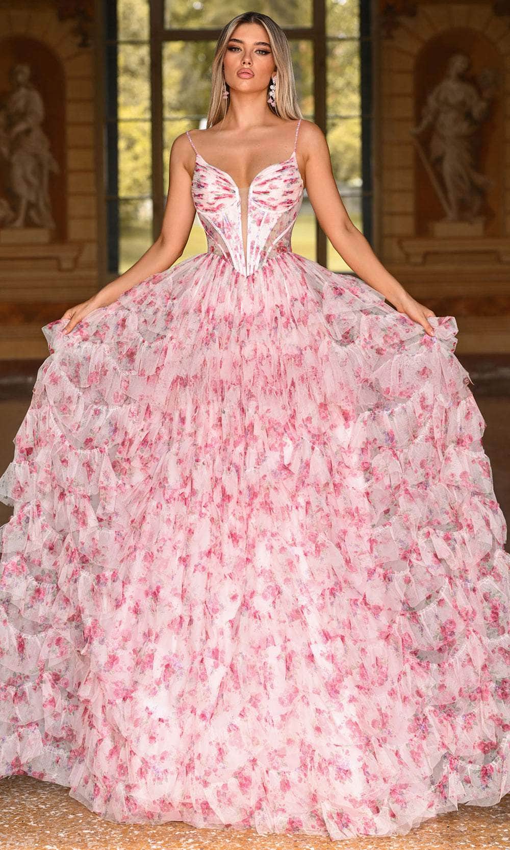 Alyce Paris 61866 - Tiered Ruffle Floral Ballgown - back view