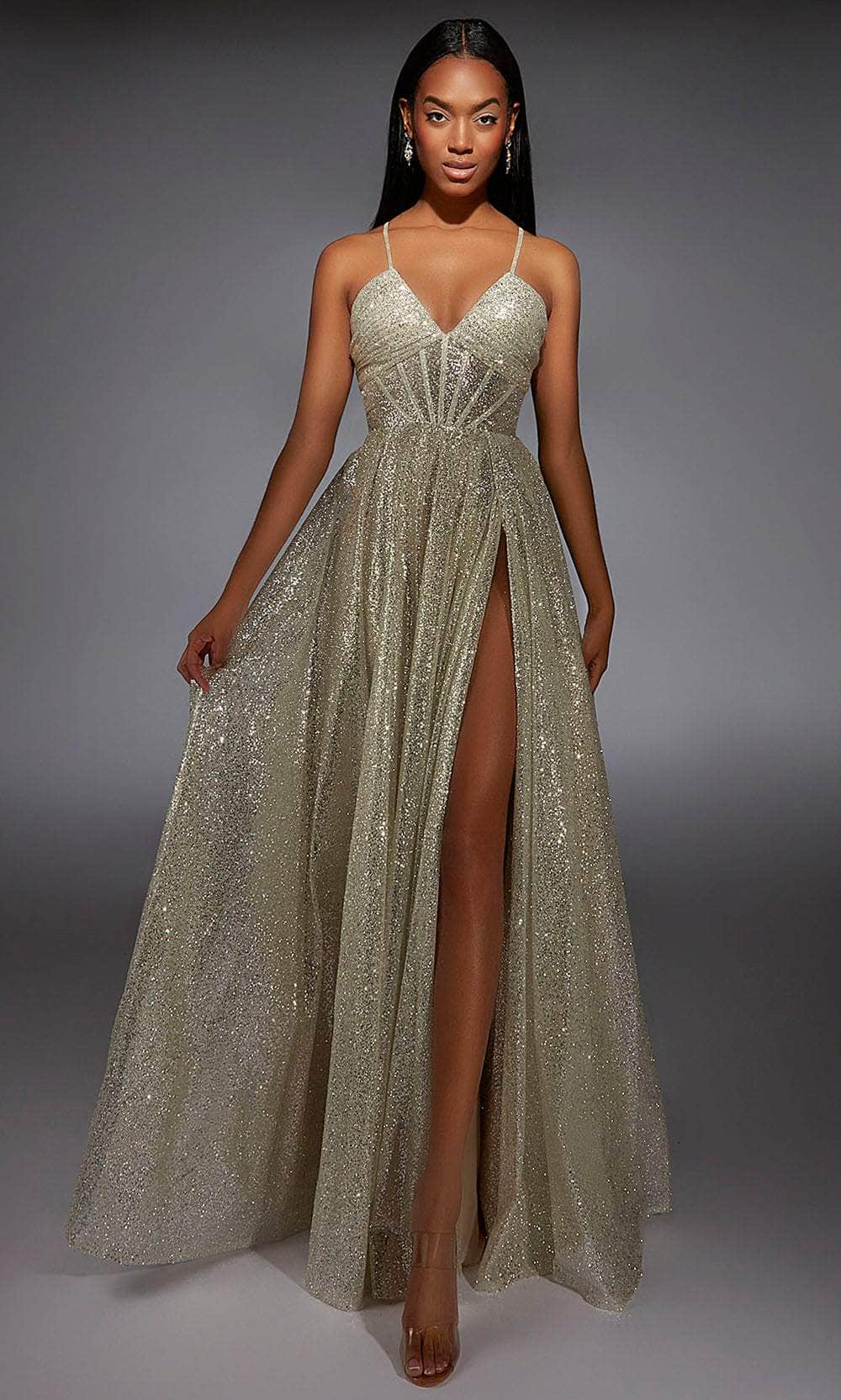 Alyce Paris 61973 - Glitter Sleeveless Deep V-Neck Gown - Silhouette Dresses