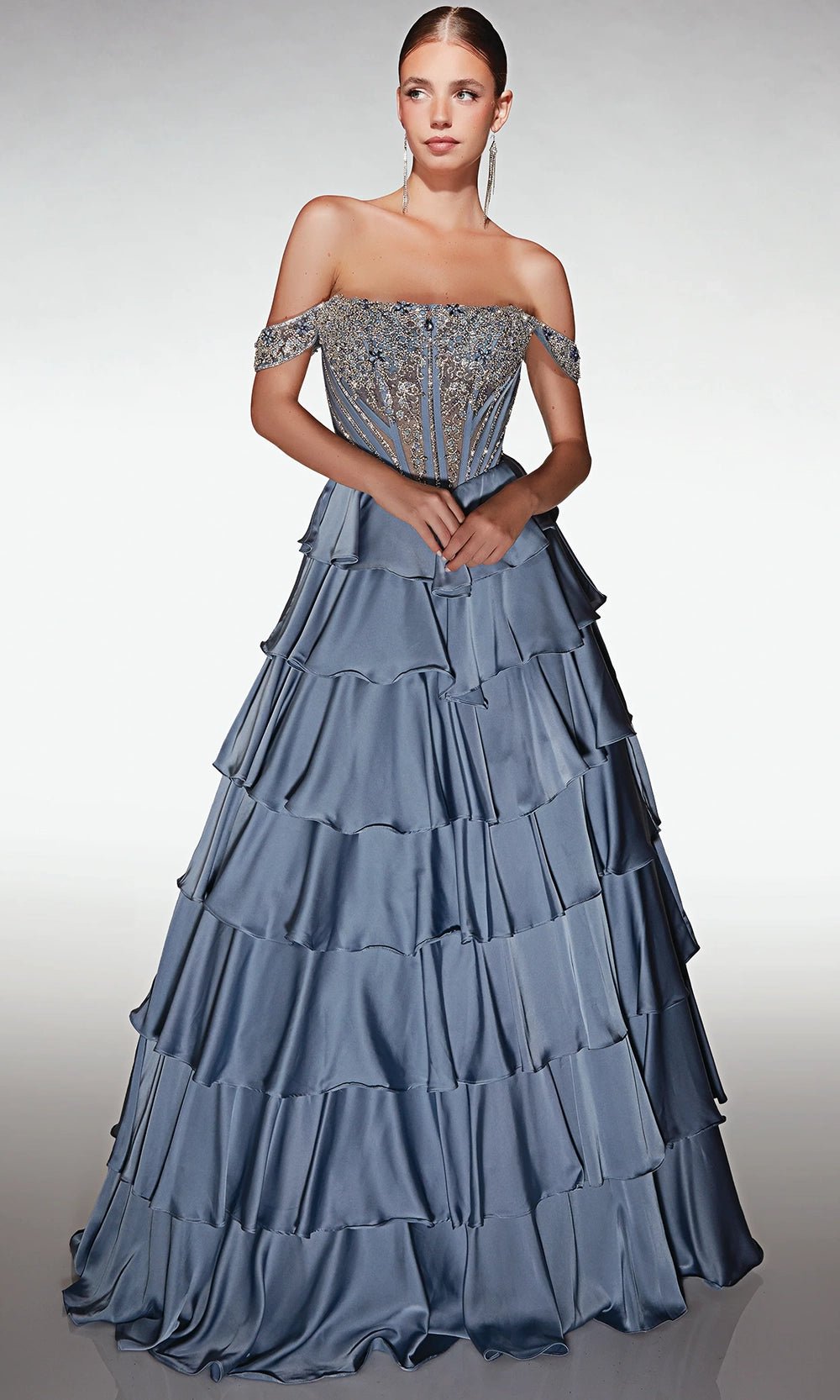 Alyce Paris 62035 - Beaded Off-Shoulder Tiered Ball Gown - Silhouette Dresses
