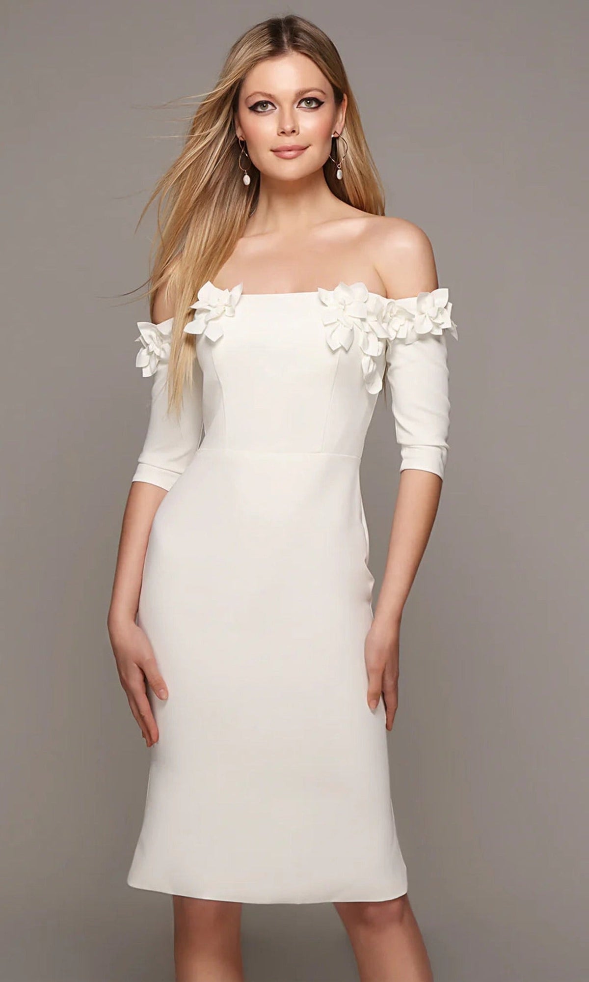 Alyce Paris 70003 - Off Shoulder Fitted Dress with Floral Accents