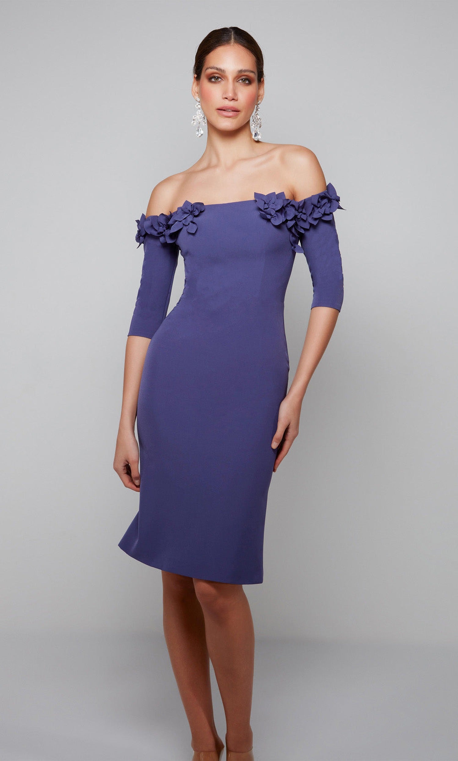 Alyce Paris 70003 - Off Shoulder Fitted Dress with Floral Accents