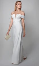 Alyce Paris 70012 - Satin Off Shoulder Wide-Leg Jumpsuit