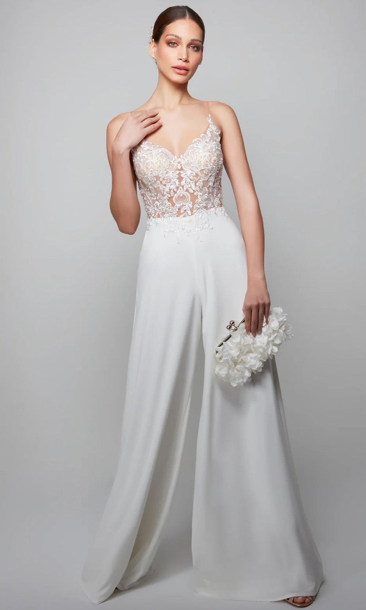 Alyce Paris 70017 - Sheer Lace Bodice Wide-Leg Jumpsuit