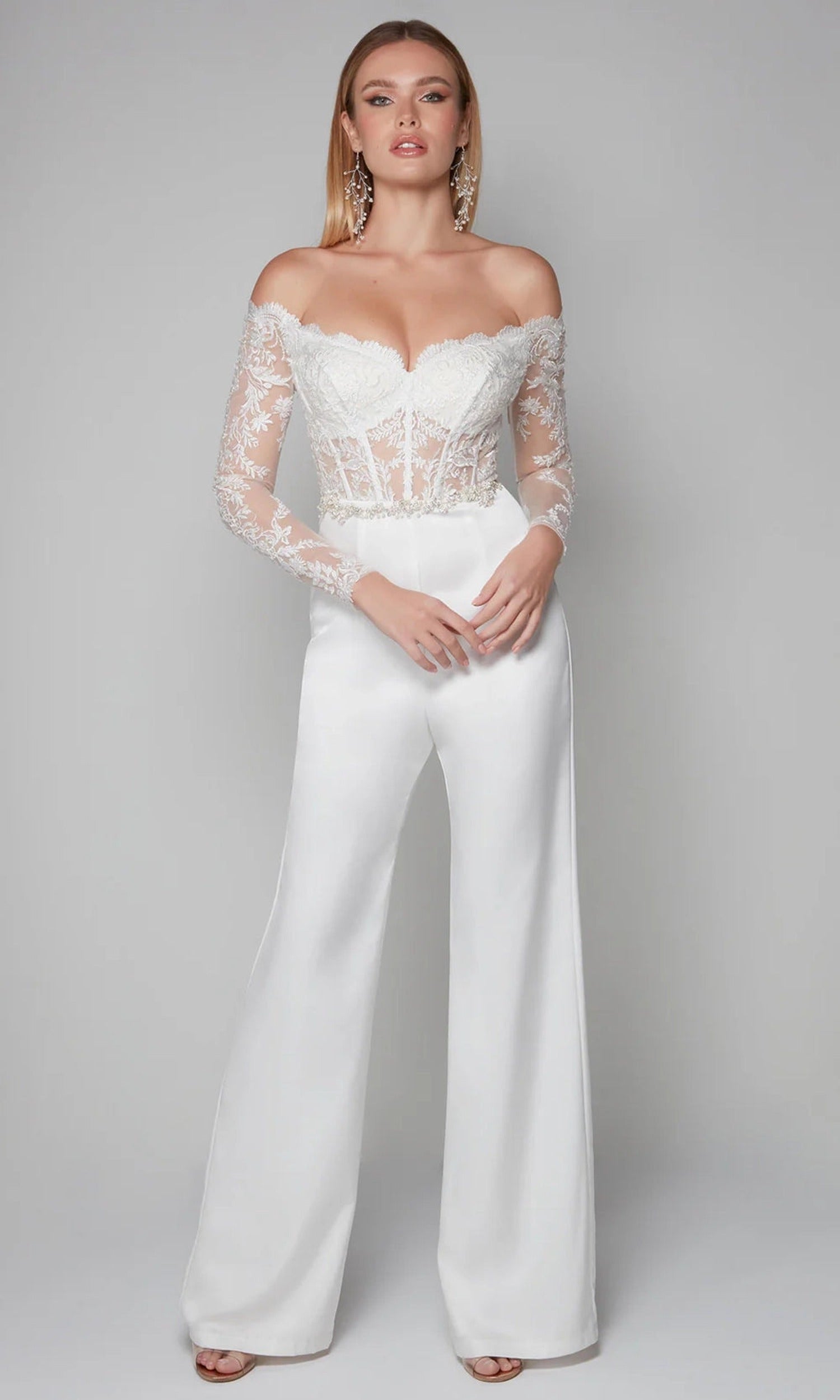 Alyce Paris 70018 - Embroidered Bodice Sheer Sleeves Jumpsuit