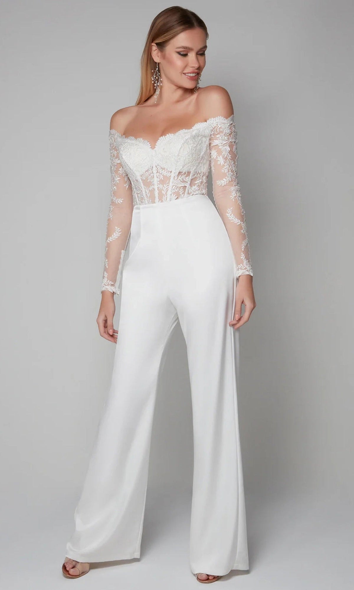 Alyce Paris 70018 - Embroidered Bodice Sheer Sleeves Jumpsuit