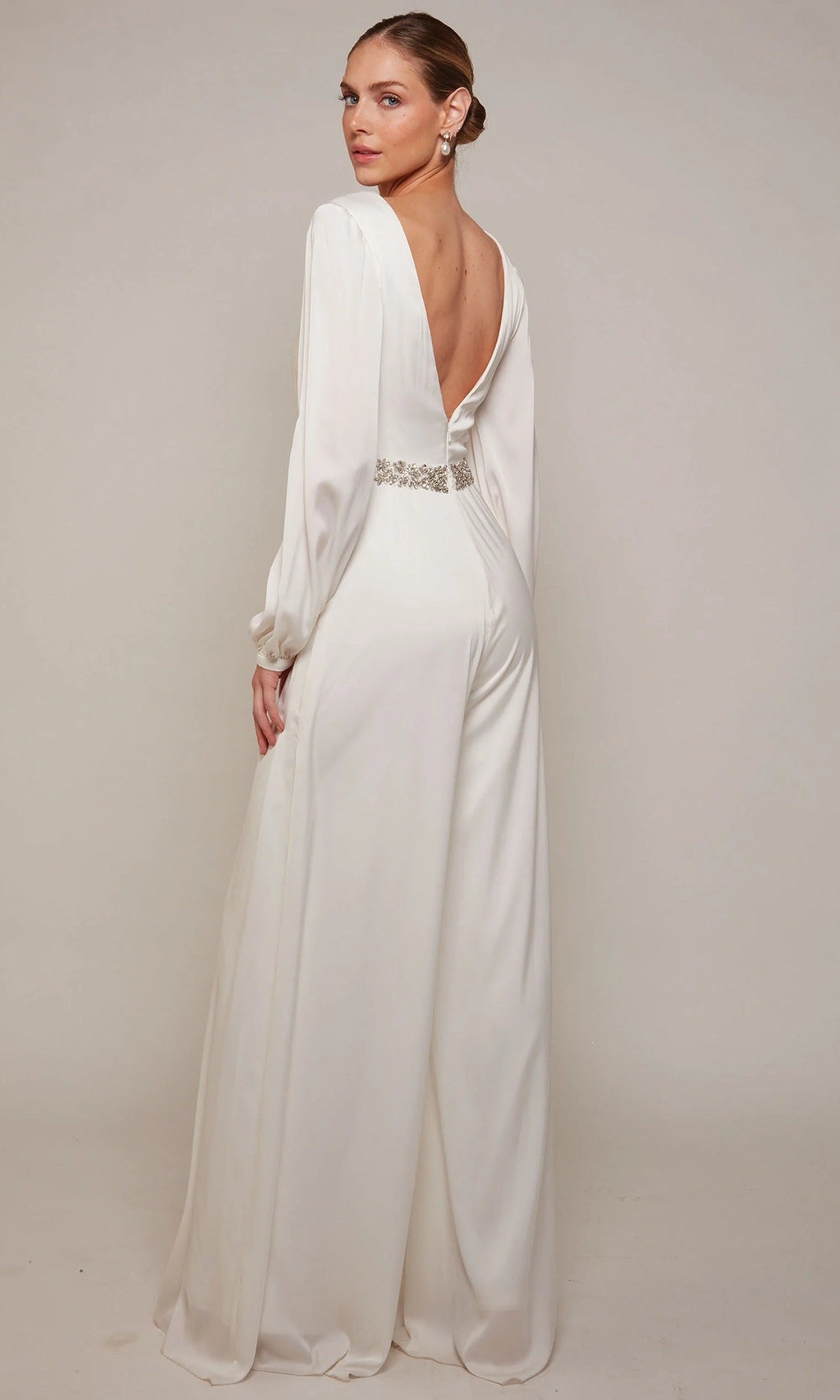 Alyce Paris 70031 - Plunging Neck Jumpsuit with Beaded Waist
