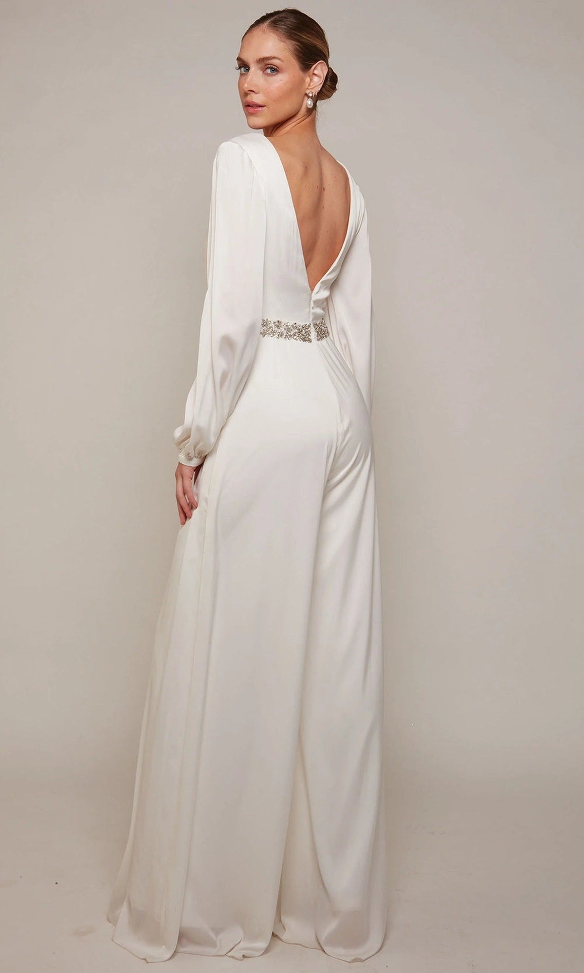 Alyce Paris 70031 - Plunging Neck Jumpsuit with Beaded Waist