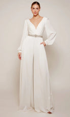 Alyce Paris 70031 - Plunging Neck Jumpsuit with Beaded Waist