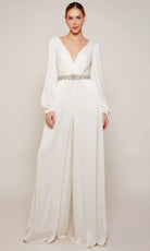 Alyce Paris 70031 - Plunging Neck Jumpsuit with Beaded Waist