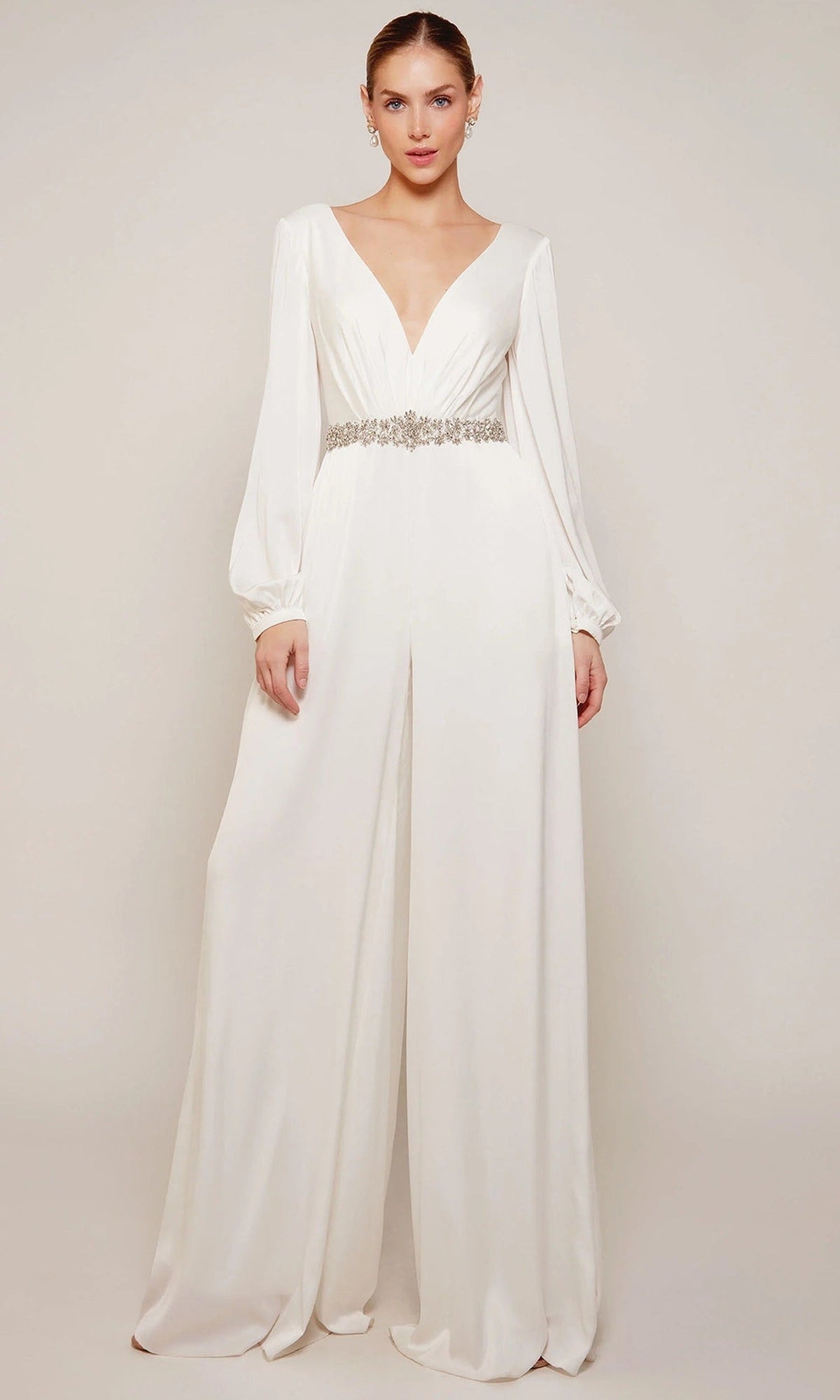 Alyce Paris 70031 - Plunging Neck Jumpsuit with Beaded Waist