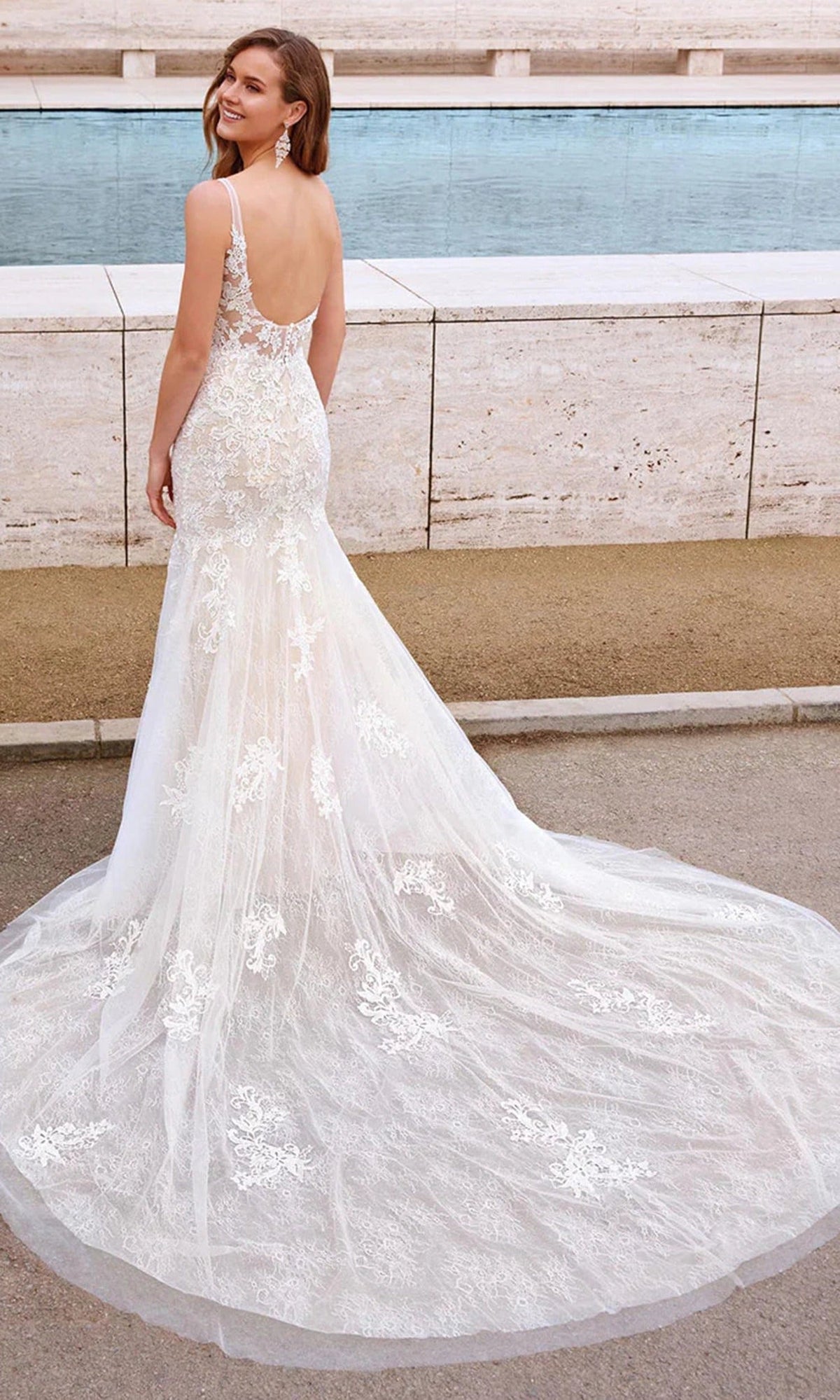 Alyce Paris 7029 - Plunging Trumpet Dress with Embroidered Detail