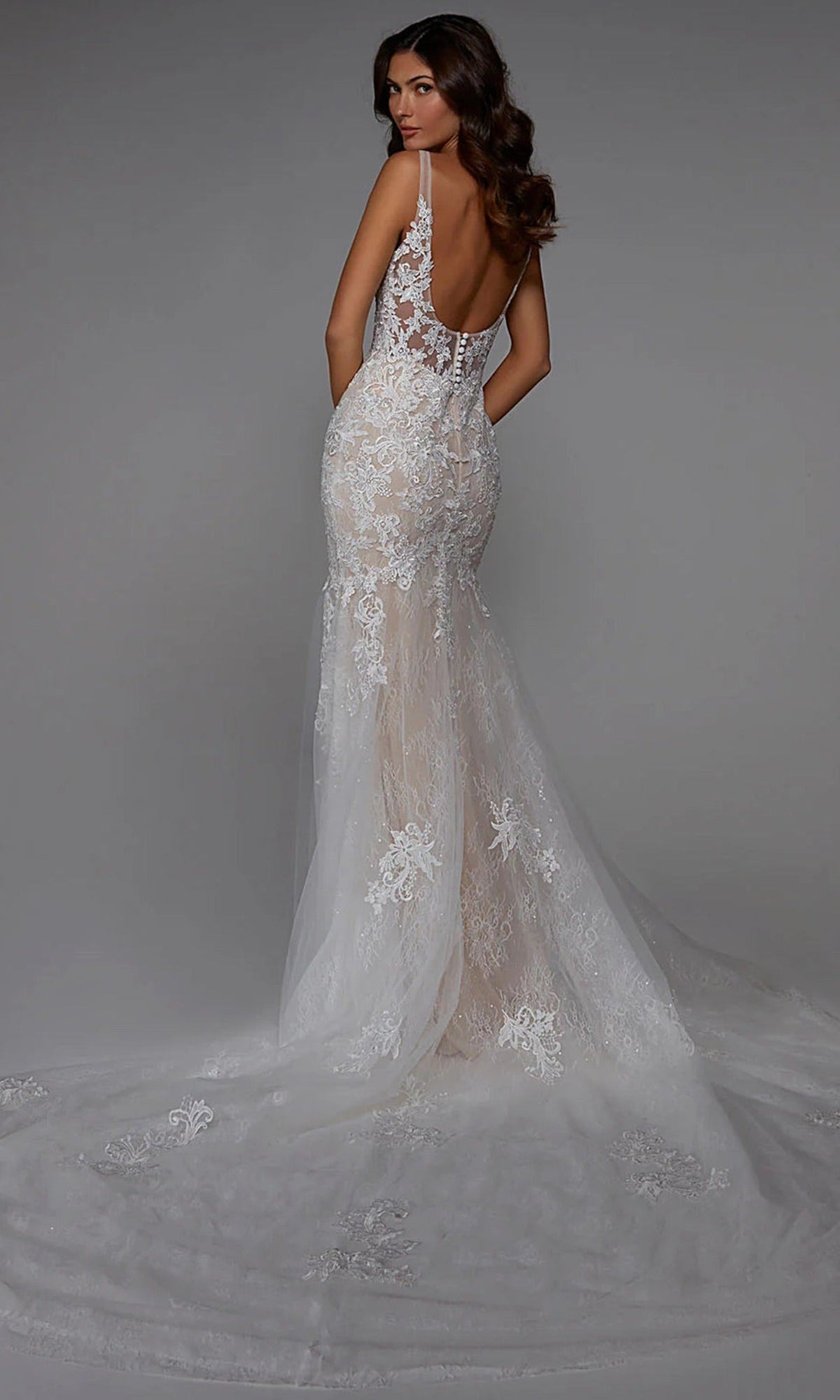 Alyce Paris 7029 - Plunging Trumpet Dress with Embroidered Detail