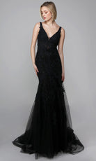 Alyce Paris 7029 - Plunging Trumpet Dress with Embroidered Detail