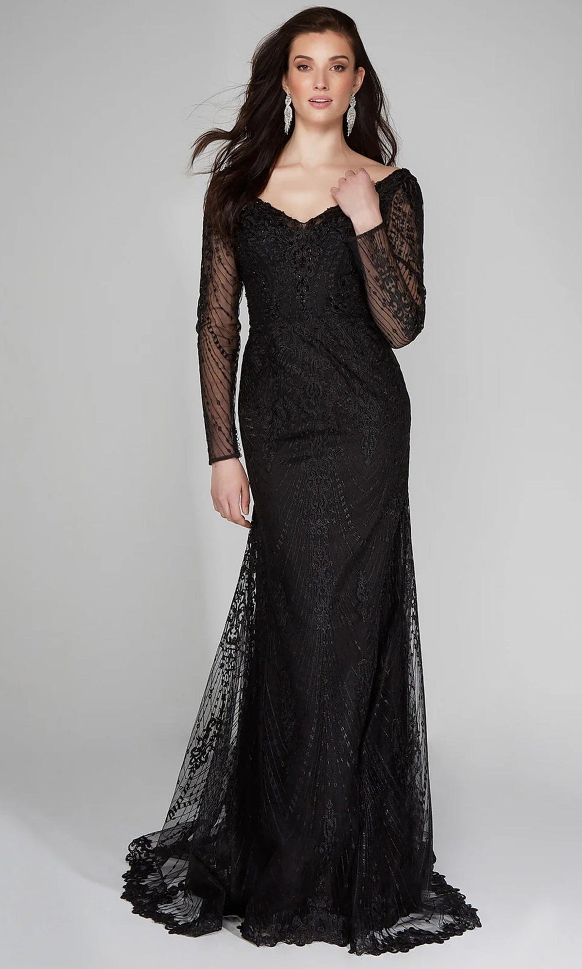 Alyce Paris 7030 - Long Sleeve Embroidered Tulle Dress